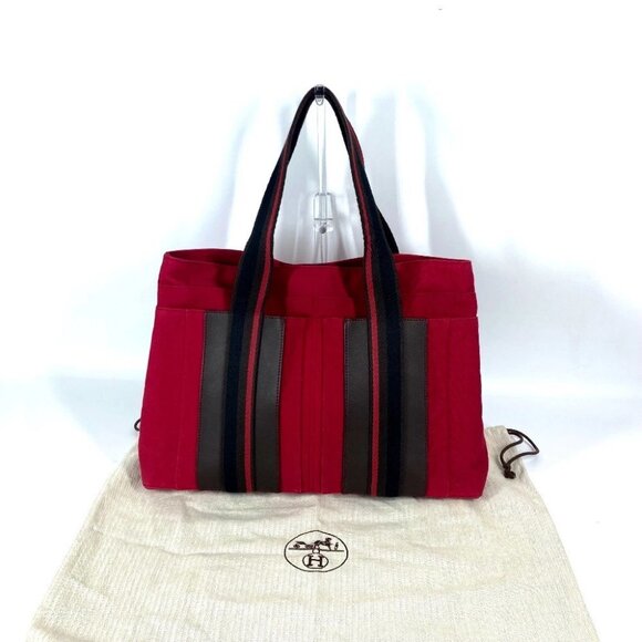HERMES Toroca Horizontal MM Bag Tote Bag Shoulder Bag Canvas Red/Black - Picture 7 of 11